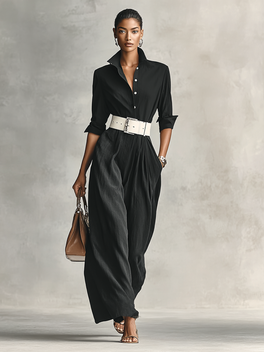 Belted Jumpsuit with Lapel Collar and Long Sleeves