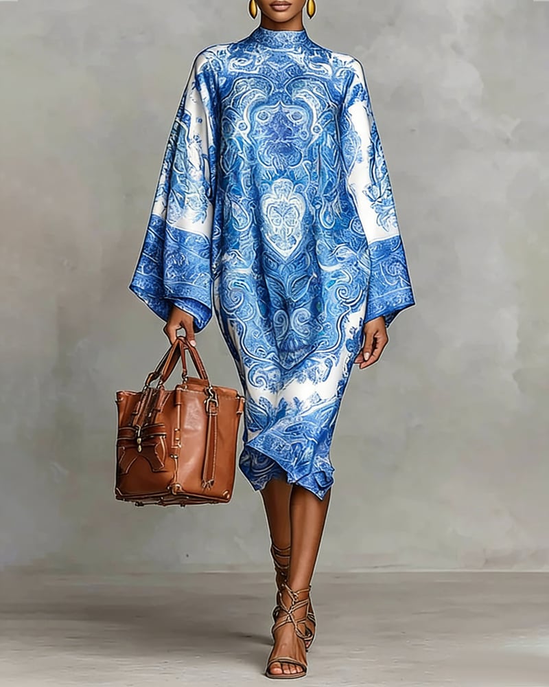 High Neck Printed Dress with Ruched Detail