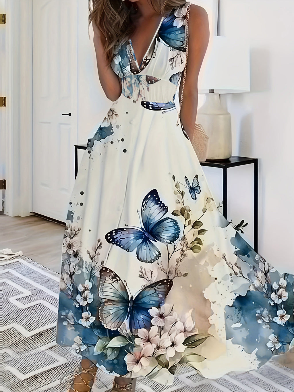 Sleeveless Boho Maxi Dress with V Neckline