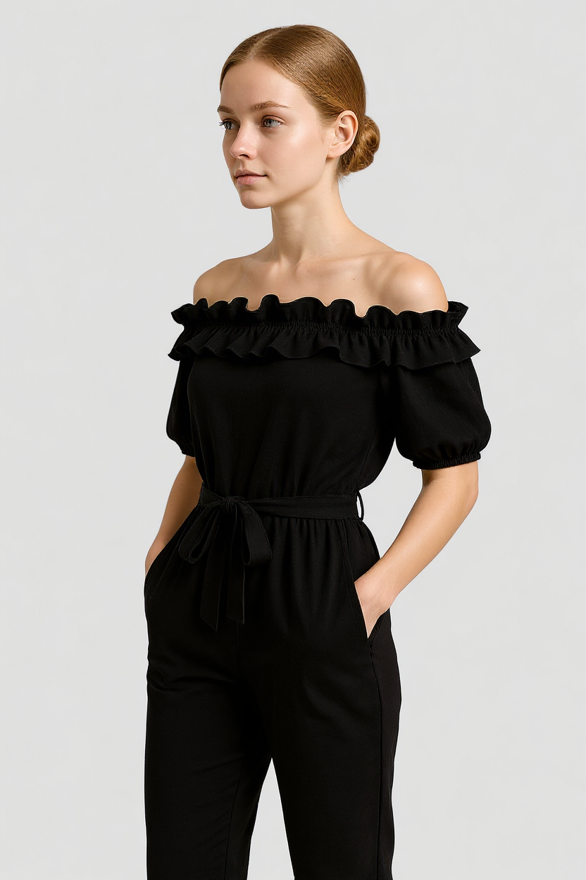 Ruffle Sleeve Jumpsuit with Adjustable Waist Tie