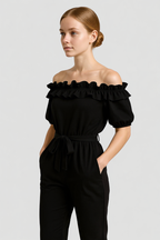 Ruffle Sleeve Jumpsuit with Adjustable Waist Tie