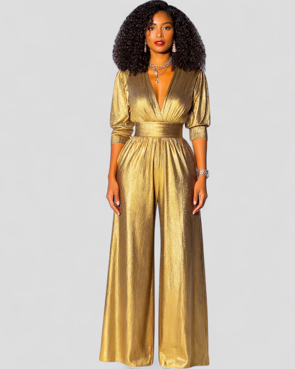 Metallic Wide-Leg Jumpsuit with Deep V-Neck and High Waist