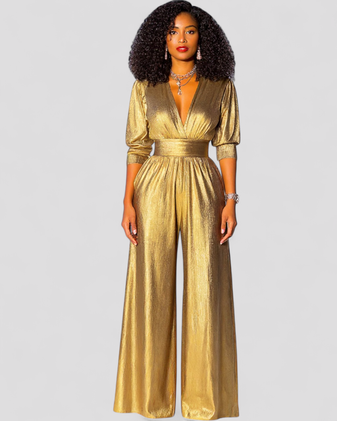 Metallic Wide-Leg Jumpsuit with Deep V-Neck and High Waist