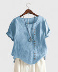 Short Sleeve Button Down Blouse with Round Neckline