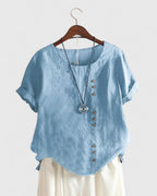 Short Sleeve Button Down Blouse with Round Neckline