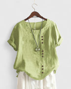 Short Sleeve Button Down Blouse with Round Neckline