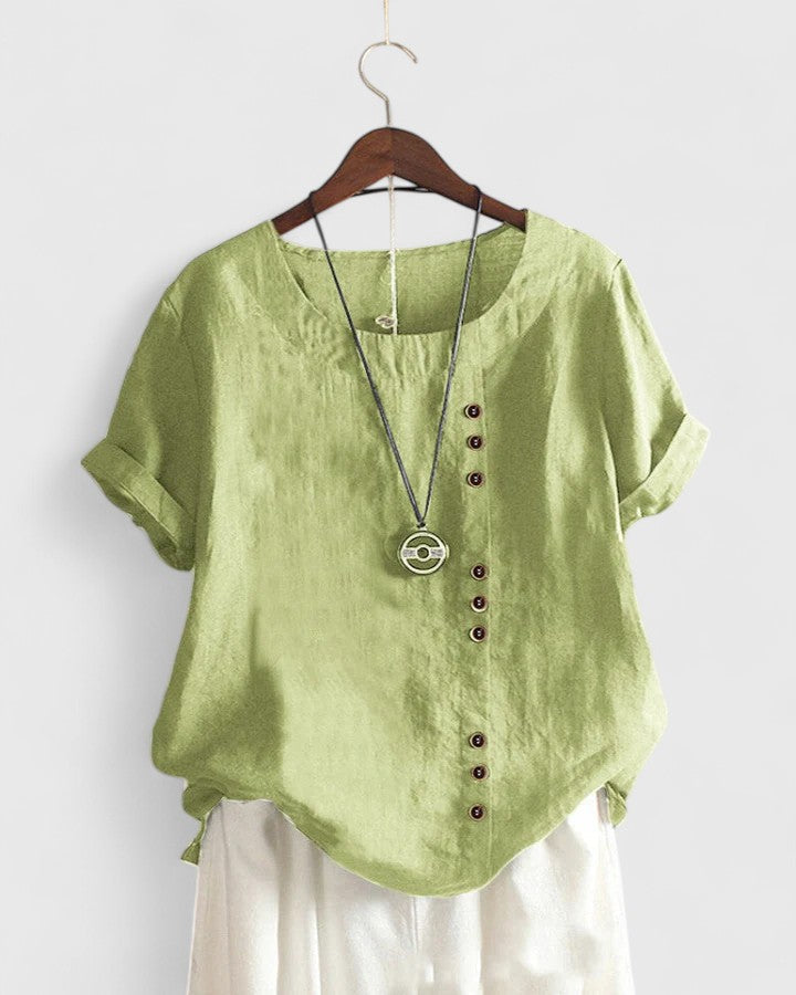 Short Sleeve Button Down Blouse with Round Neckline