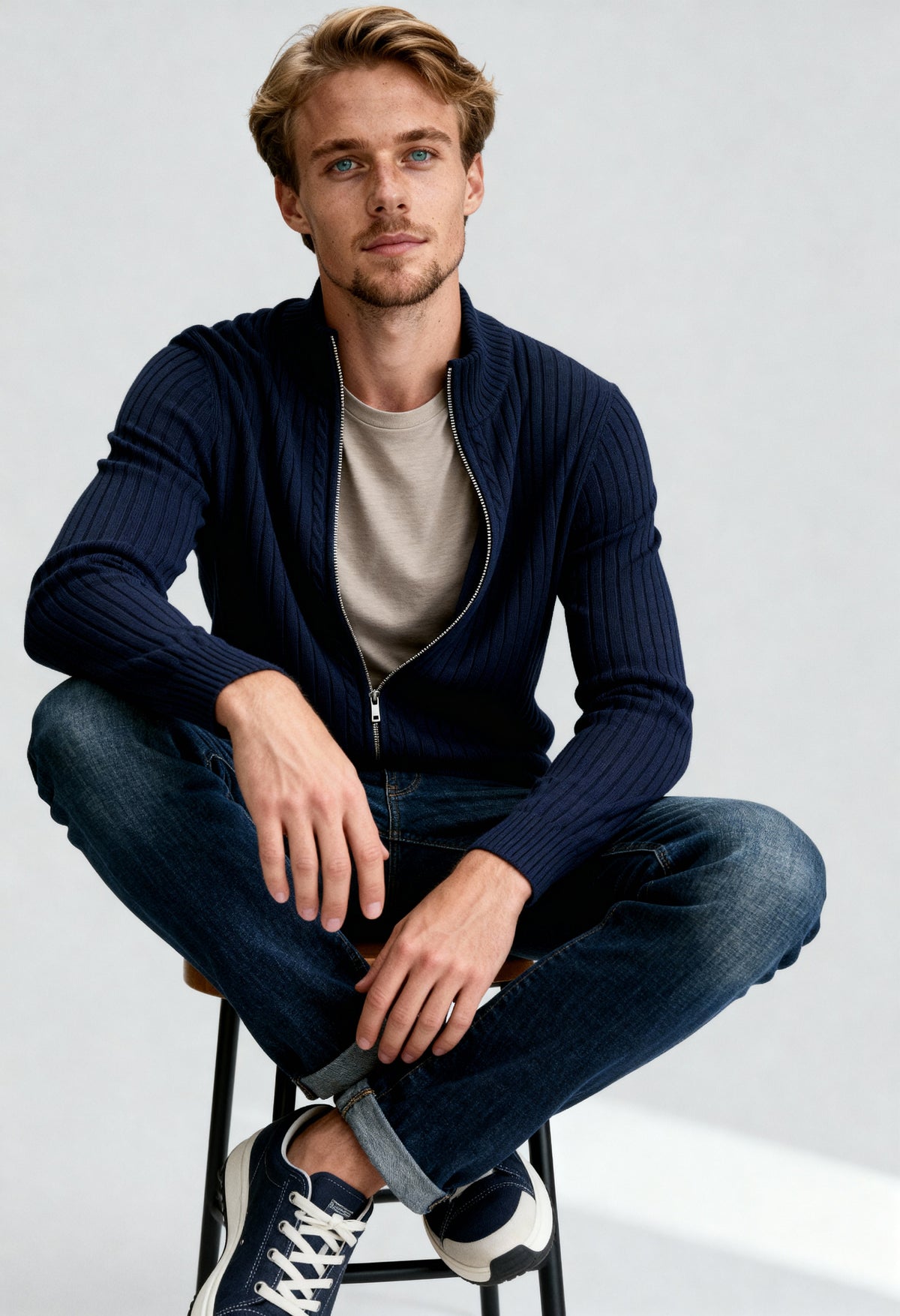 Men's Braided Wool-Blend Sweater with Ribbed Cuffs