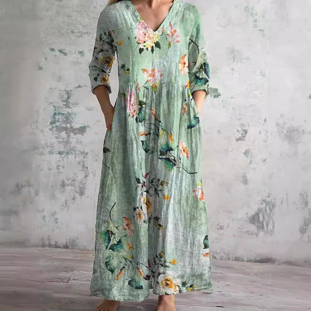 Boho Floral Midi Dress with V Neckline