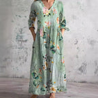 Boho Floral Midi Dress with V Neckline