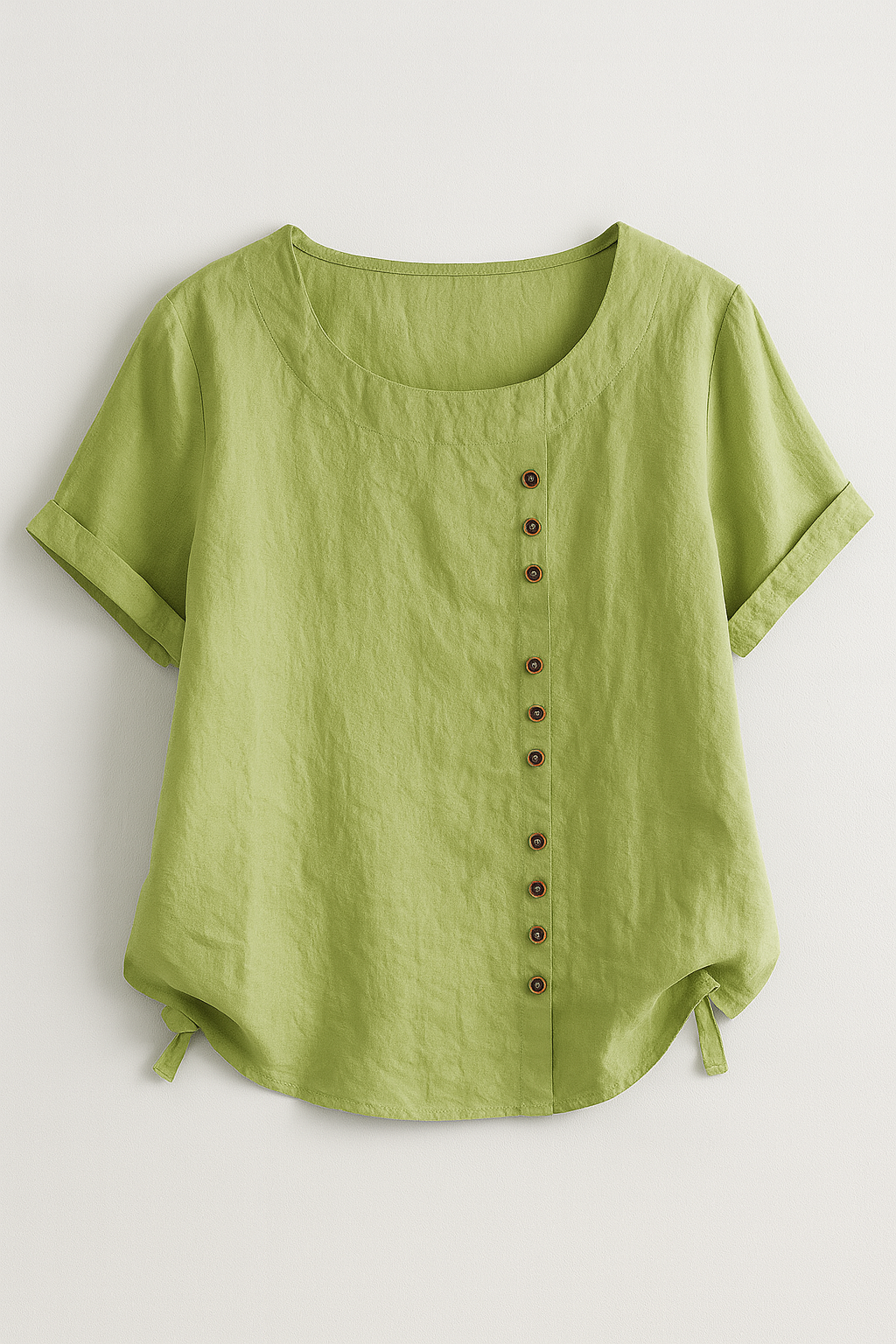 Linen Blouse with Round Neck and Rolled-Up Sleeves