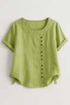 Linen Blouse with Round Neck and Rolled-Up Sleeves