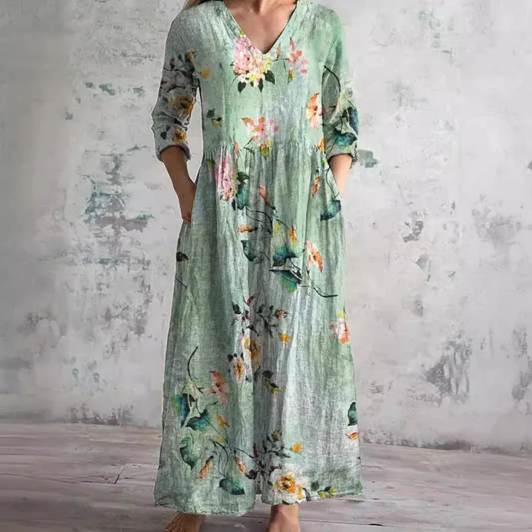 Boho Floral Midi Dress with V Neckline