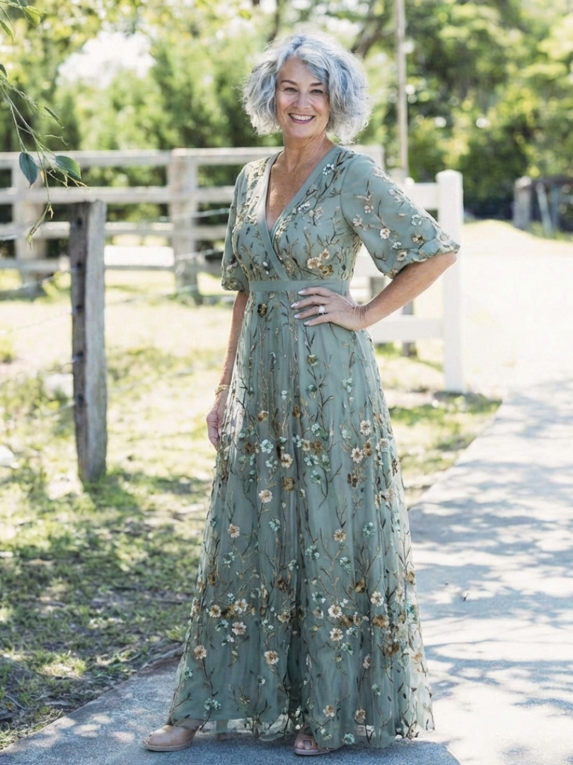 Vestido largo de malla floral con cuello de pico y mangas transparentes