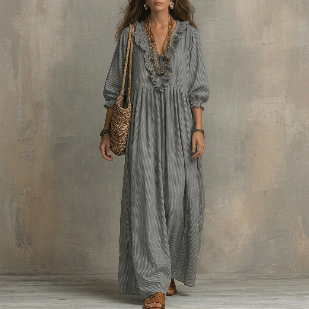 Striped Maxi Dress with Ruffled V-Neck and Puff Sleeves