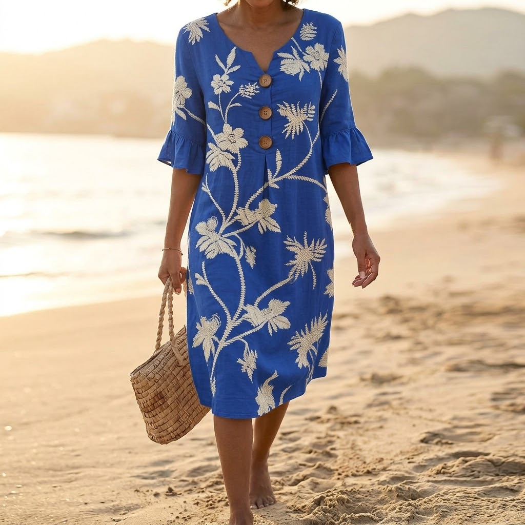 Embroidered Floral Midi Dress with Flutter Sleeves