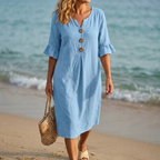 Breezy Midi Dress with Front Pleat and Wood Buttons