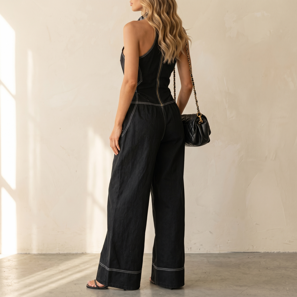 Halter Neck Jumpsuit with Panelled Seams and Wide Leg
