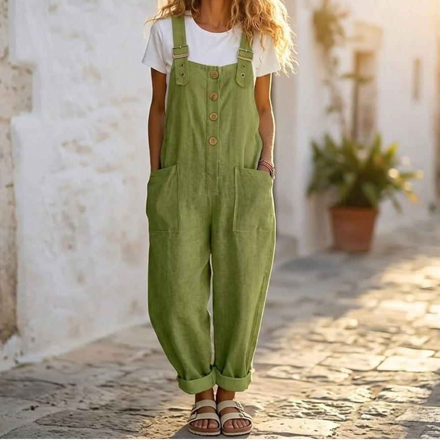 Linen Look Button Front Overalls with Buckle Straps