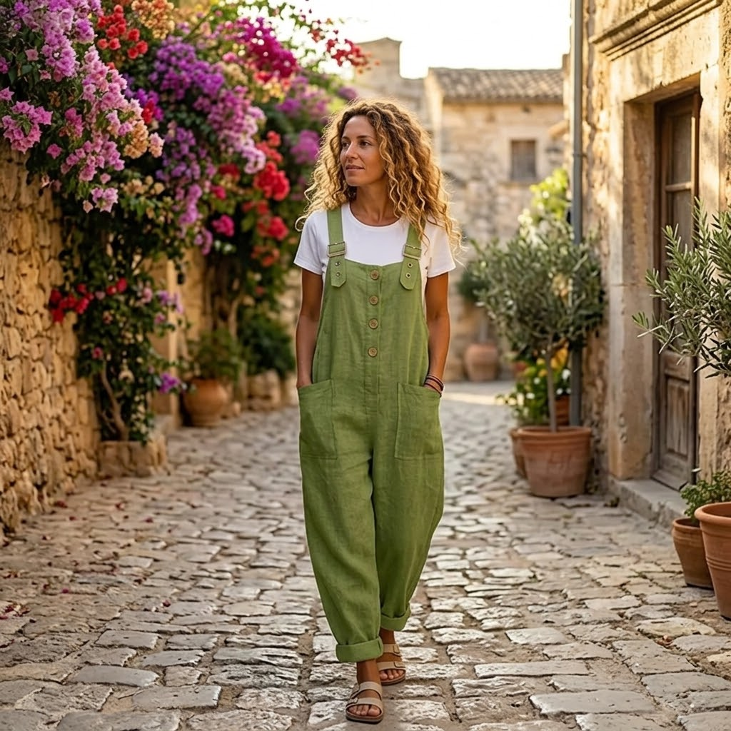 Linen Look Button Front Overalls with Buckle Straps