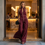 Halter Neck Jumpsuit with Panelled Seams and Wide Leg