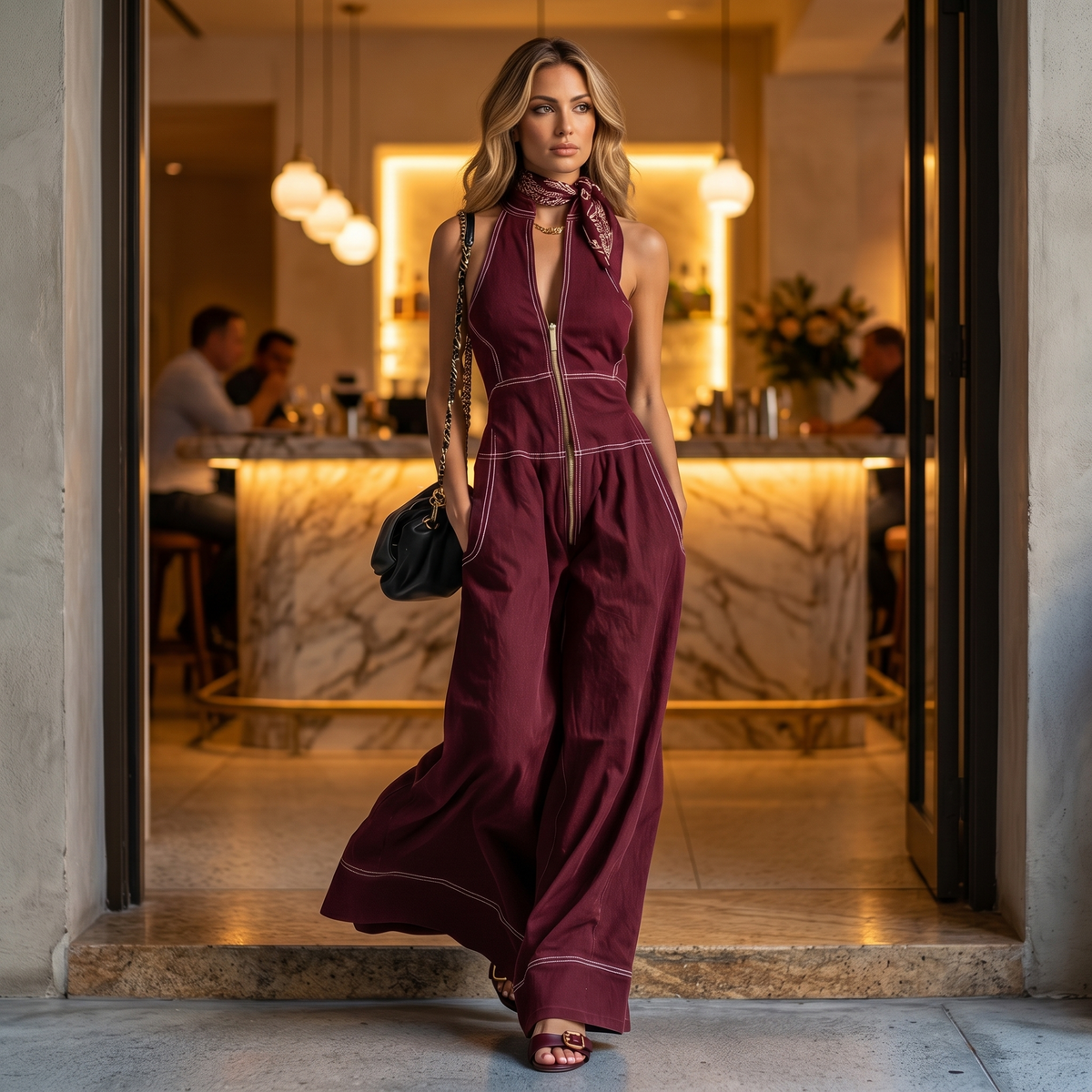 Halter Neck Jumpsuit with Panelled Seams and Wide Leg