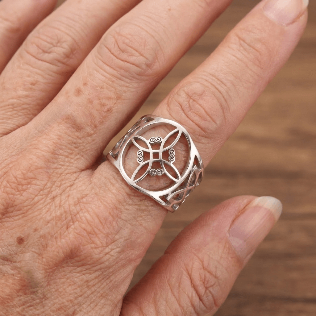 Celtic Cross Button Ring with Vintage Finish in Silver Colour