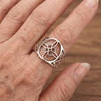 Celtic Cross Button Ring with Vintage Finish in Silver Colour