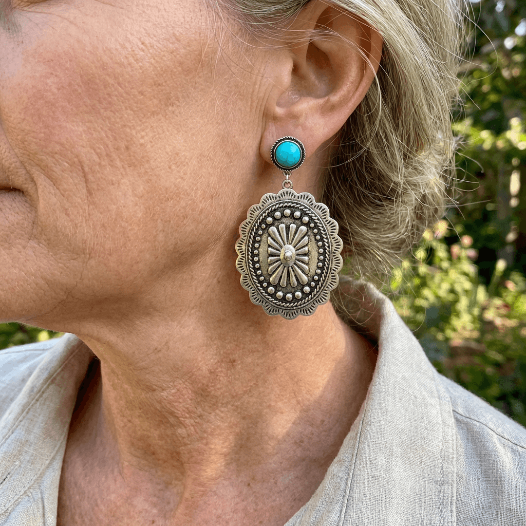 Western Boho Blue-Green Stone Concho Drop Earrings
