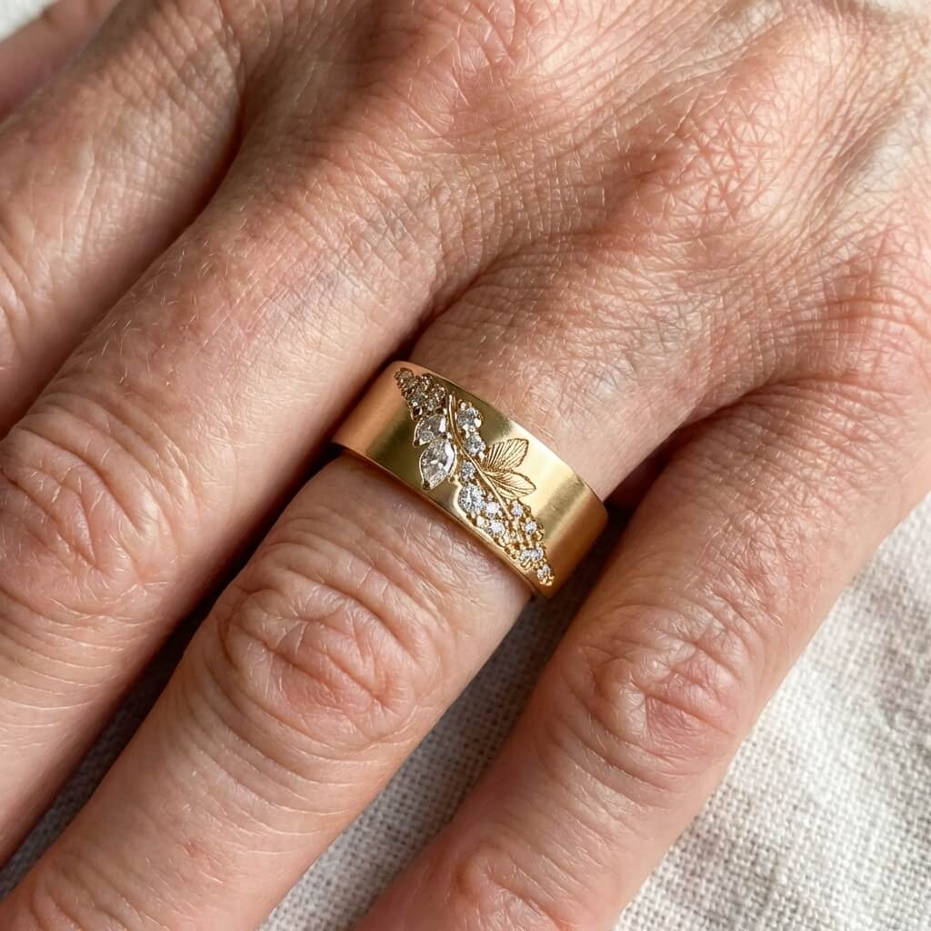 Wide Zirconia Leaf Ring with Vintage Style in Gold Colour