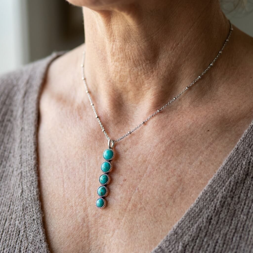Vintagehalsband i etnisk stil med geometriskt hänge och blågrön sten