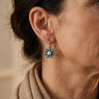 Blue-Green Stone and Faux Pearl Flower Earrings in Gold Colour