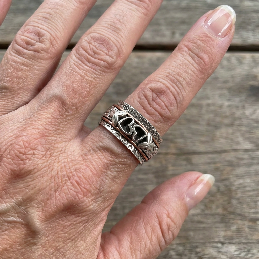 Butterfly and Heart Spinner Ring in Silver Colour with Moving Band