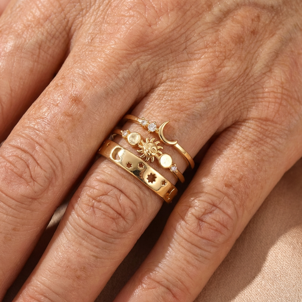 Half Moon Stackable Ring Set with Inlaid Zirconia and Slim Bands