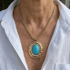 Vintagehalsband med ormskinnskedja och blågrönt stenhänge