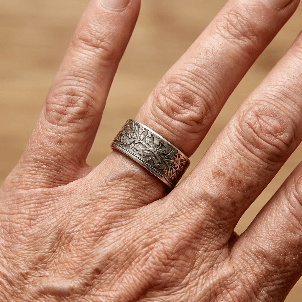 Vintage-Style Snowflake and Coin Pattern Ring in Silver Colour