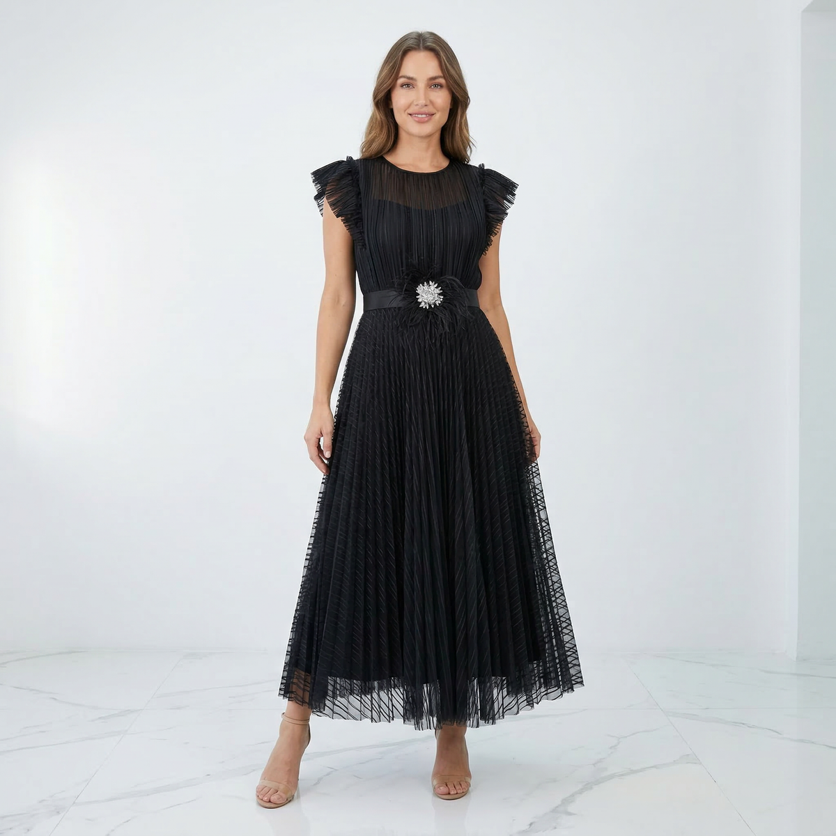 Pleated Tulle Midi Dress with Flutter Sleeves