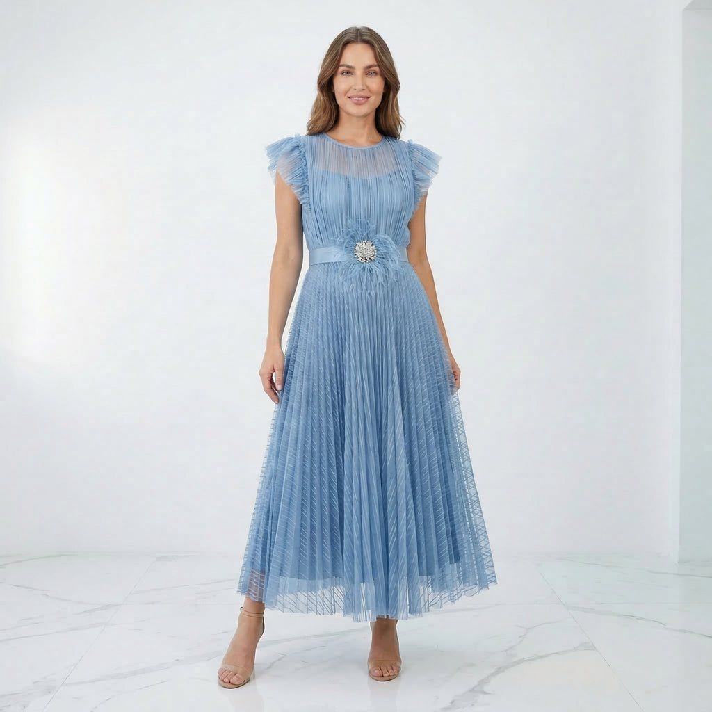 Pleated Tulle Midi Dress with Flutter Sleeves