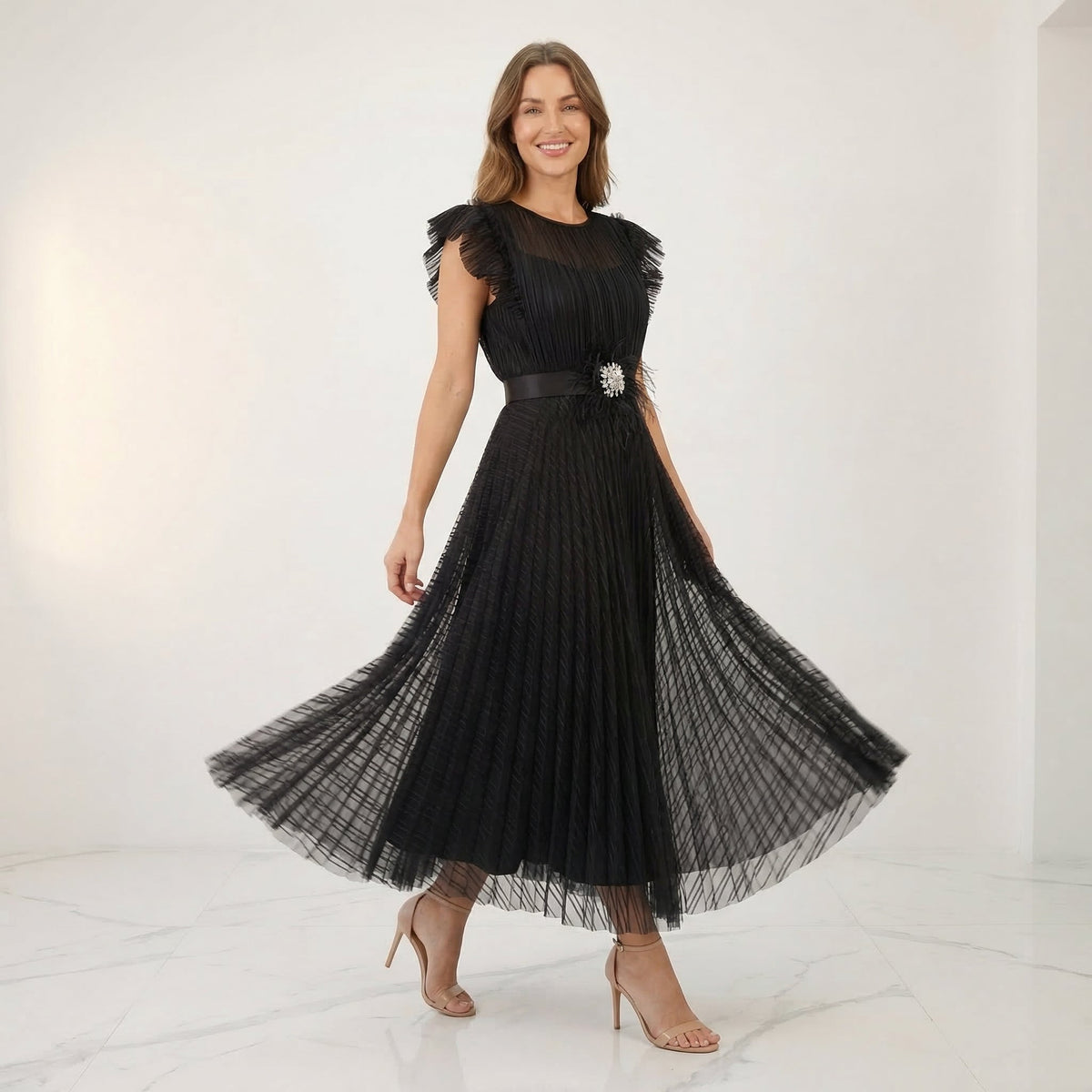 Pleated Tulle Midi Dress with Flutter Sleeves