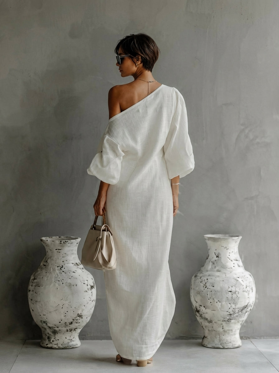 One Shoulder Maxi Dress with Long Sleeve and Ruched Detail