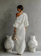 One Shoulder Maxi Dress with Long Sleeve and Ruched Detail