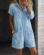 Denimjumpsuit-shorts med påsydda fickor