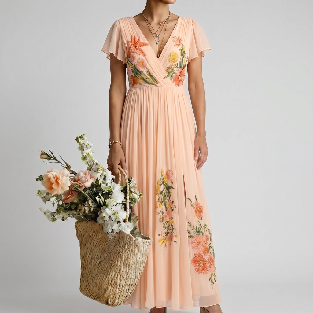 Vestido largo plisado con estampado floral y cuello de pico