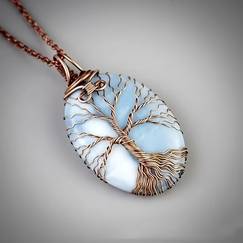 Tree of Life Pendant Necklace in Sky Blue Tones with Fresh Colour