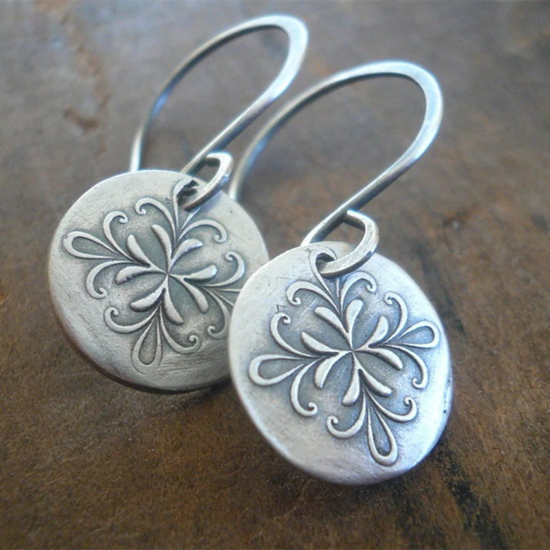 Vintage-Style Engraved Disc Hook Earrings in Silver Colour