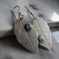 Vintage-Style Leaf Earrings with Dark Stone in Silver Colour