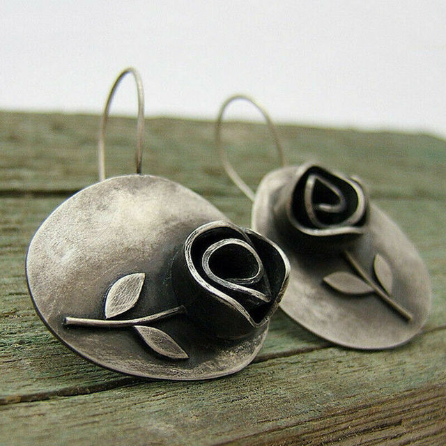Vintage-Style Rose Earrings in Silver Colour with Layered Petals