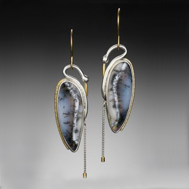 Vintage-Style Iridescent Grey Stone Earrings in Dark Silver Colour