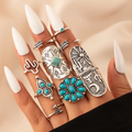 Vintage-Style Blue-Green Stone Ring Pack in Silver Colour