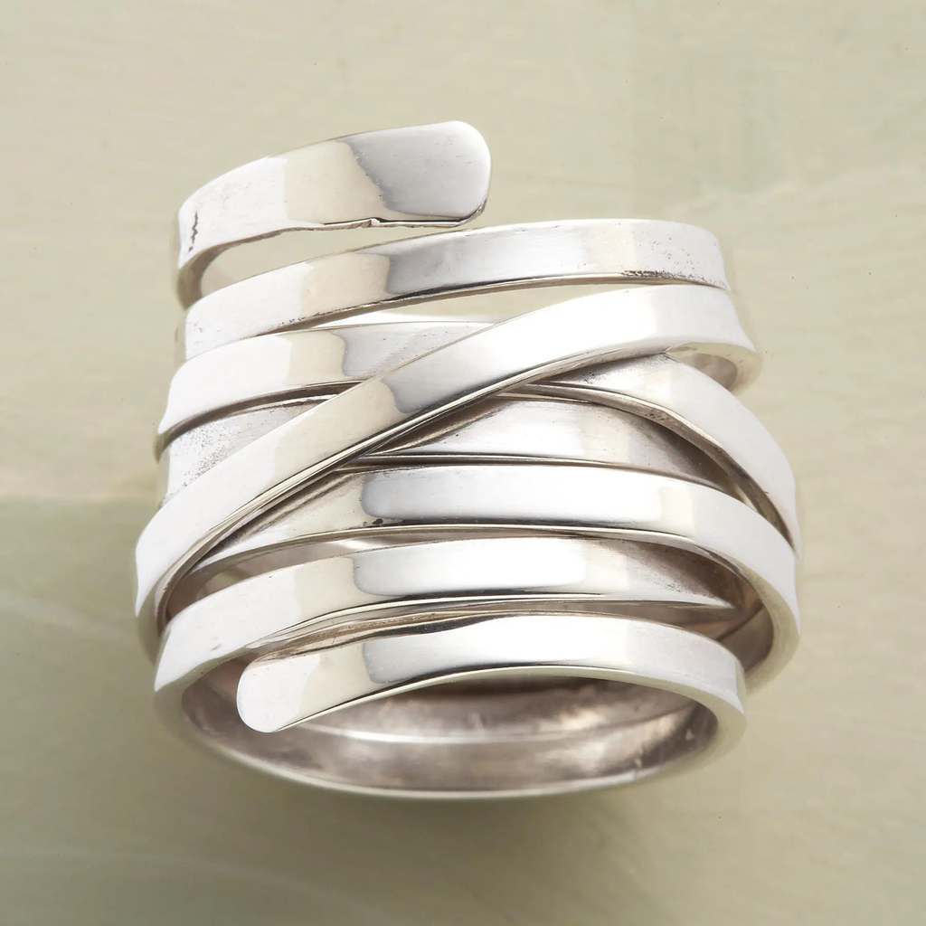 Thick Layered Wrap Ring with Bold Profile in Silver Colour